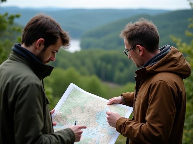 Gründungsteam von Luchs Pfad, das eine Karte in der malerischen Landschaft von Heidelberg studiert.